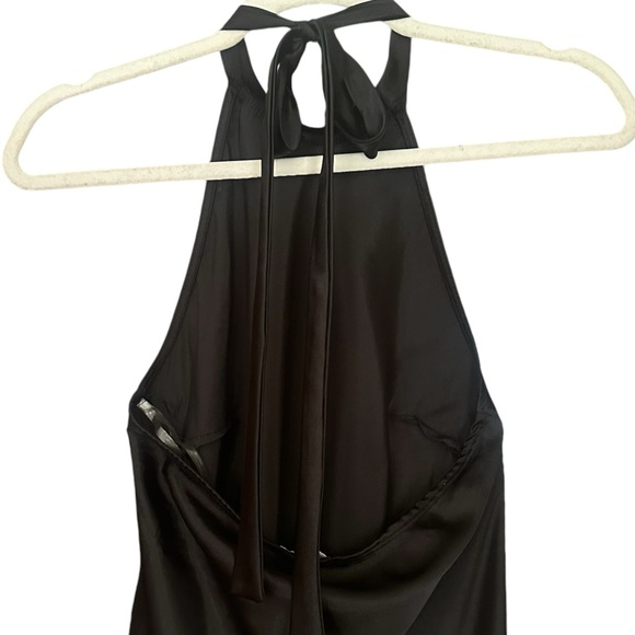 NEW BEBE Black Satin Halter Lettuce Hem Midi Dress Small - Picture 4 of 6